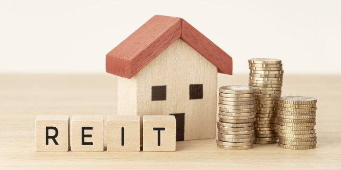REIT Real estate investment trust concept. House model, money and wooden blocks with text